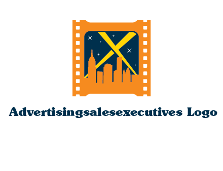 city skyline inside the film reel with spot lights logo