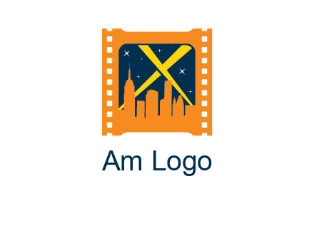 city skyline inside the film reel with spot lights logo