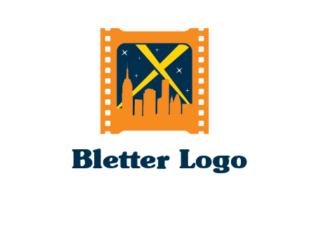 city skyline inside the film reel with spot lights logo
