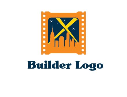 city skyline inside the film reel with spot lights logo
