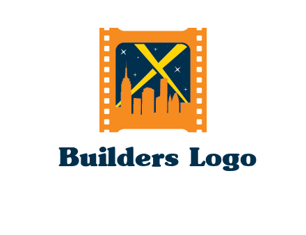 city skyline inside the film reel with spot lights logo
