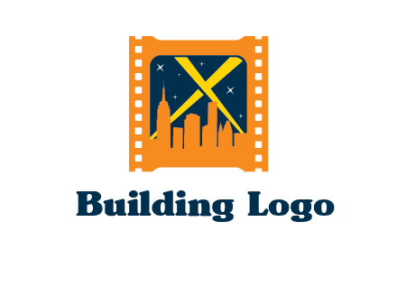 city skyline inside the film reel with spot lights logo