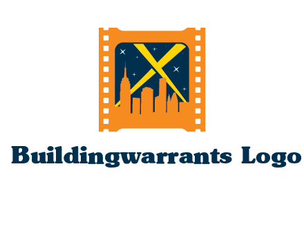 city skyline inside the film reel with spot lights logo