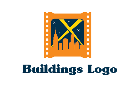 city skyline inside the film reel with spot lights logo