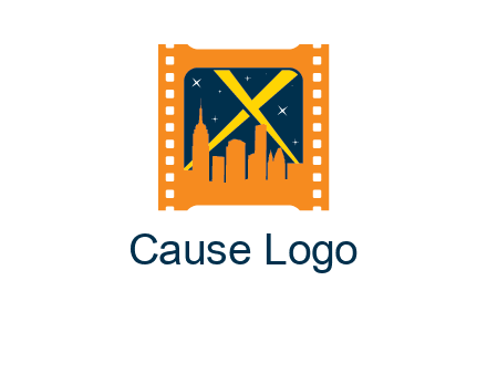 city skyline inside the film reel with spot lights logo