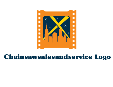 city skyline inside the film reel with spot lights logo