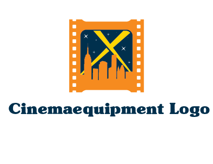 city skyline inside the film reel with spot lights logo