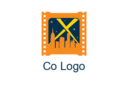 city skyline inside the film reel with spot lights logo