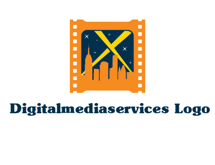 city skyline inside the film reel with spot lights logo