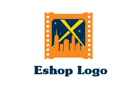 city skyline inside the film reel with spot lights logo