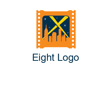 city skyline inside the film reel with spot lights logo
