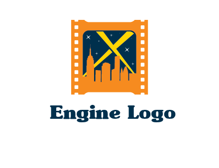 city skyline inside the film reel with spot lights logo