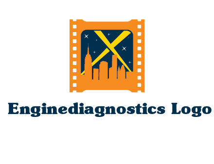 city skyline inside the film reel with spot lights logo