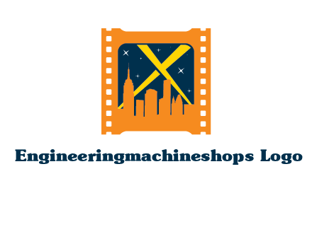city skyline inside the film reel with spot lights logo