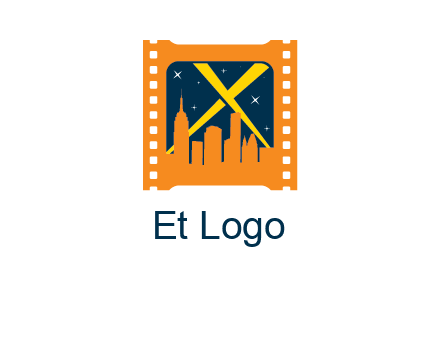 city skyline inside the film reel with spot lights logo
