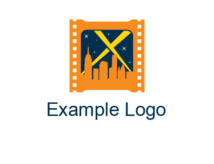 city skyline inside the film reel with spot lights logo