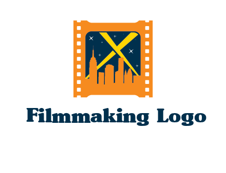 city skyline inside the film reel with spot lights logo
