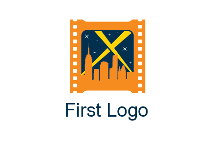 city skyline inside the film reel with spot lights logo