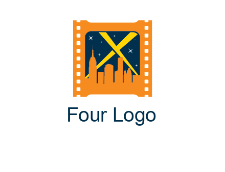 city skyline inside the film reel with spot lights logo