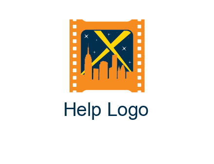 city skyline inside the film reel with spot lights logo