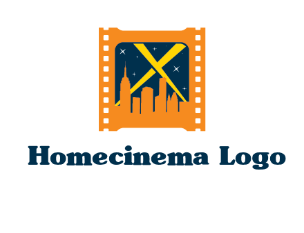 city skyline inside the film reel with spot lights logo