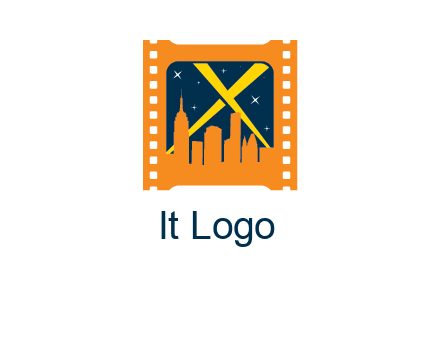 city skyline inside the film reel with spot lights logo