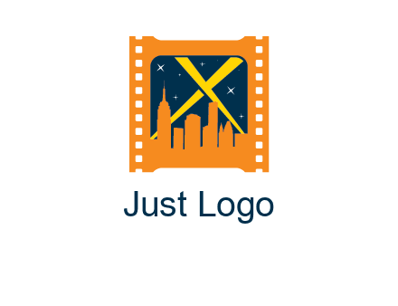 city skyline inside the film reel with spot lights logo