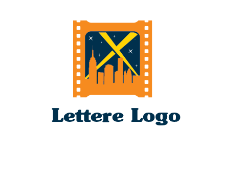 city skyline inside the film reel with spot lights logo