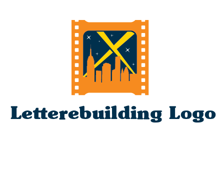 city skyline inside the film reel with spot lights logo