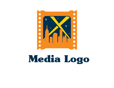 city skyline inside the film reel with spot lights logo