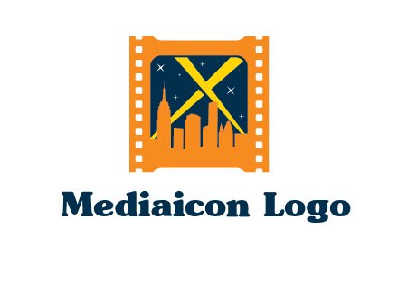 city skyline inside the film reel with spot lights logo