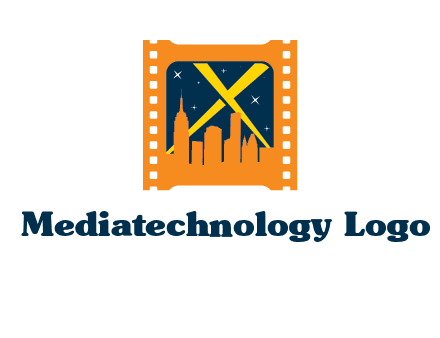 city skyline inside the film reel with spot lights logo