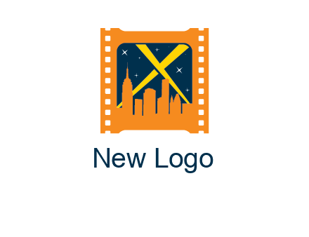 city skyline inside the film reel with spot lights logo