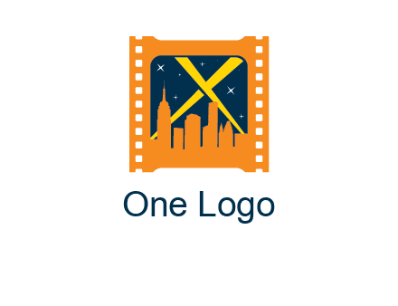 city skyline inside the film reel with spot lights logo