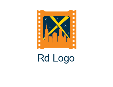 city skyline inside the film reel with spot lights logo