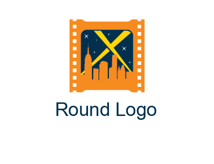 city skyline inside the film reel with spot lights logo