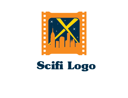 city skyline inside the film reel with spot lights logo