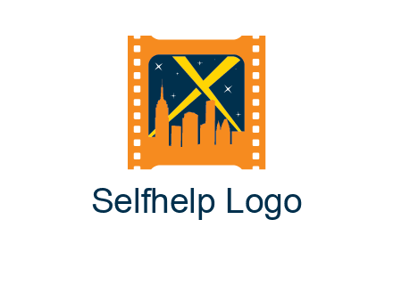 city skyline inside the film reel with spot lights logo