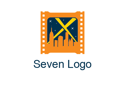 city skyline inside the film reel with spot lights logo
