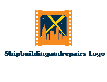 city skyline inside the film reel with spot lights logo