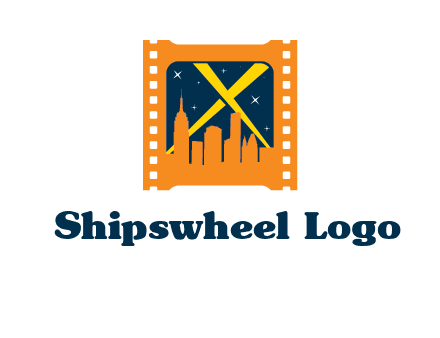 city skyline inside the film reel with spot lights logo