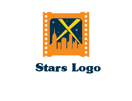city skyline inside the film reel with spot lights logo