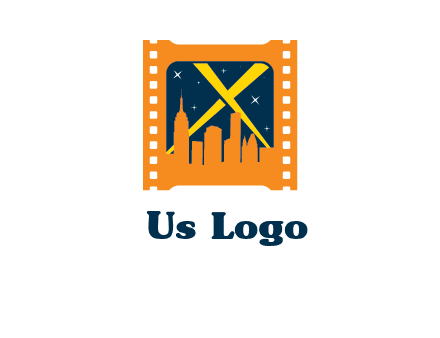 city skyline inside the film reel with spot lights logo