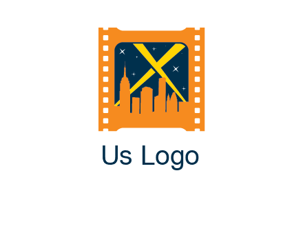 city skyline inside the film reel with spot lights logo