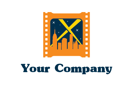 city skyline inside the film reel with spot lights logo
