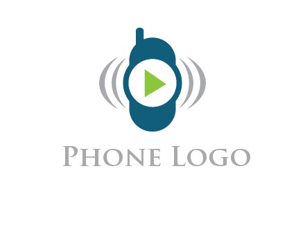 play button inside cell phone with communication signals logo