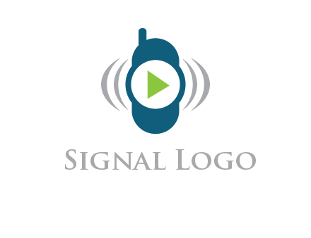 play button inside cell phone with communication signals logo