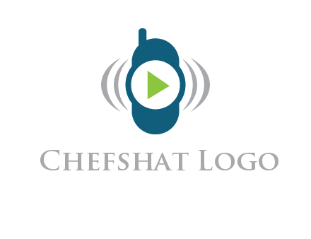 play button inside cell phone with communication signals logo