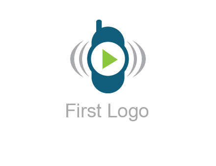 play button inside cell phone with communication signals logo