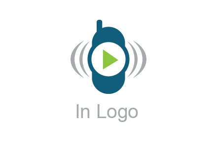 play button inside cell phone with communication signals logo